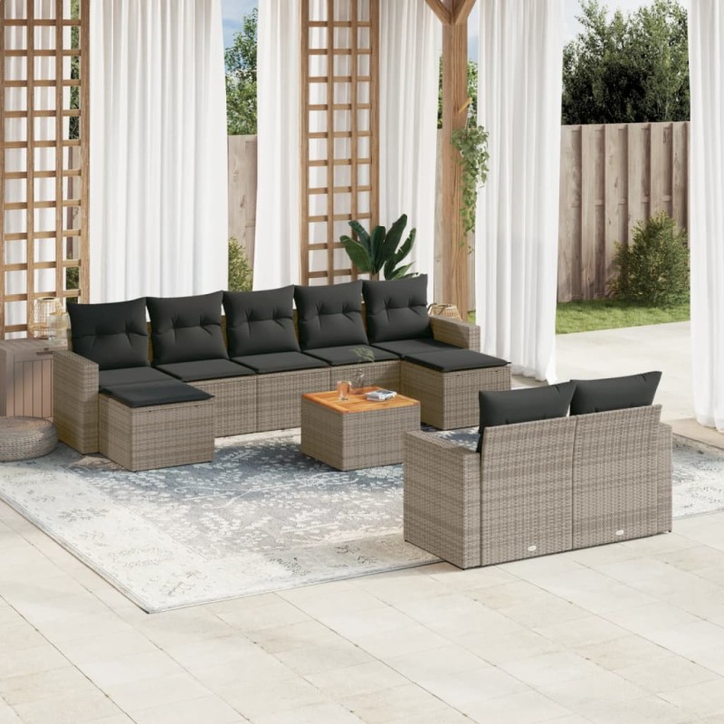 vidaXL Set de sofás de jardín 10 pzas con cojines ratán sintético gris vidaXL Set de sofás de jardín 10 pzas con cojines ratán sintético gris