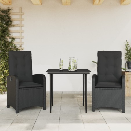 vidaXL Set comedor de jardín 3 pzas con cojines ratán sintético negro