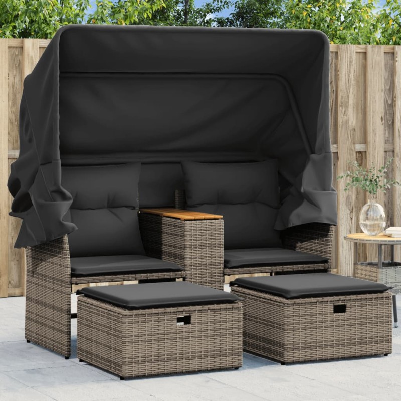 vidaXL Sofá de jardín 2 plazas con toldo y taburetes ratán PE gris vidaXL Sofá de jardín 2 plazas con toldo y taburetes ratán PE gris