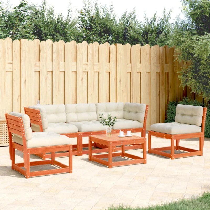 vidaXL Set de sofás jardín 5 pzas con cojines madera pino marrón cera vidaXL Set de sofás jardín 5 pzas con cojines madera pino marrón cera