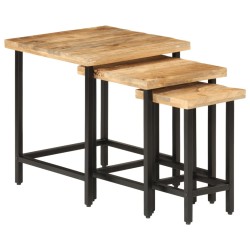 vidaXL Mesas apilables 3 piezas madera de mango rugosa maciza y hierro