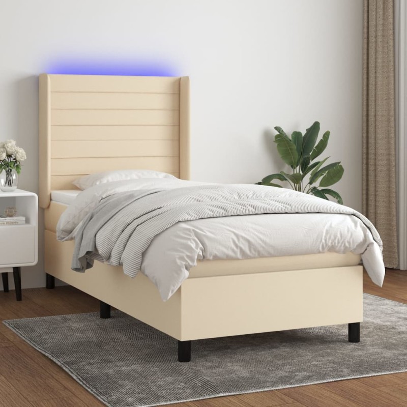 vidaXL Cama box spring colchón y luces LED tela color crema 90x190 cm vidaXL Cama box spring colchón y luces LED tela color crema 90x190 cm