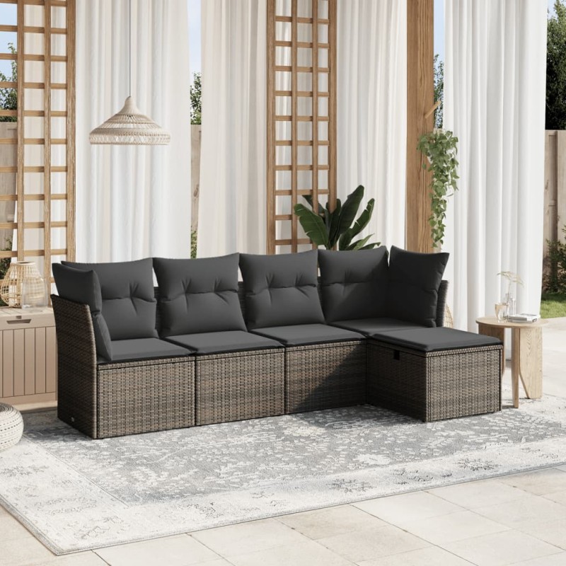 vidaXL Juego de sofás jardín con cojines 5 pzas ratán sintético gris vidaXL Juego de sofás jardín con cojines 5 pzas ratán sintético gris