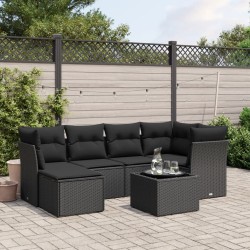 vidaXL Set de comedor de jardín 7 pzas y cojines ratán sintético negro
