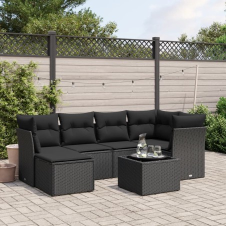 vidaXL Set de comedor de jardín 7 pzas y cojines ratán sintético negro