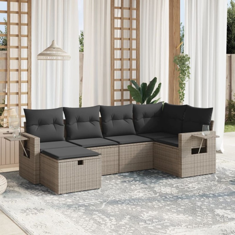 vidaXL Set de muebles de jardín 6 pzas y cojines ratán sintético gris vidaXL Set de muebles de jardín 6 pzas y cojines ratán sintético gris