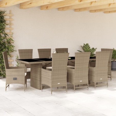 vidaXL Set comedor de jardín 9 pzas con cojines ratán sintético beige