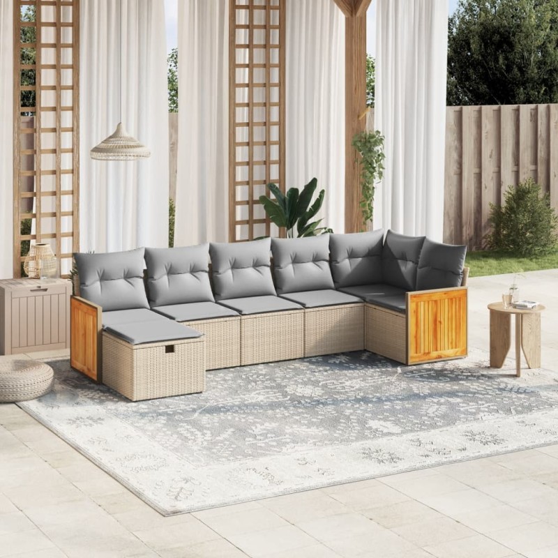 vidaXL Juego de sofás jardín con cojines beige mezcla 7 pzas ratán PE vidaXL Juego de sofás jardín con cojines beige mezcla 7 pzas ratán PE