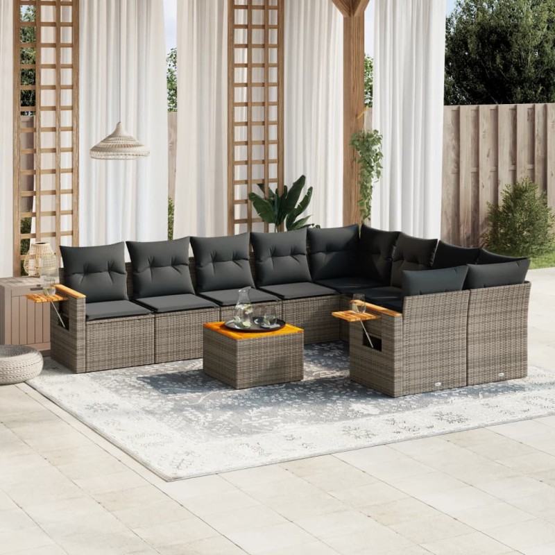 vidaXL Set de sofás de jardín 10 pzas con cojines ratán sintético gris vidaXL Set de sofás de jardín 10 pzas con cojines ratán sintético gris