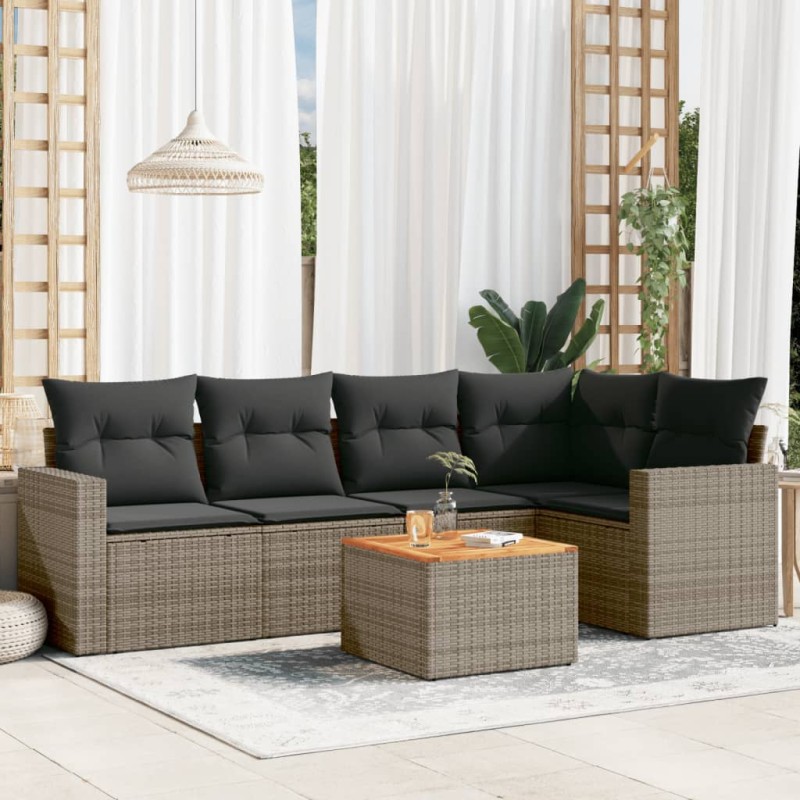 vidaXL Set de muebles de jardín 6 pzas y cojines ratán sintético gris vidaXL Set de muebles de jardín 6 pzas y cojines ratán sintético gris