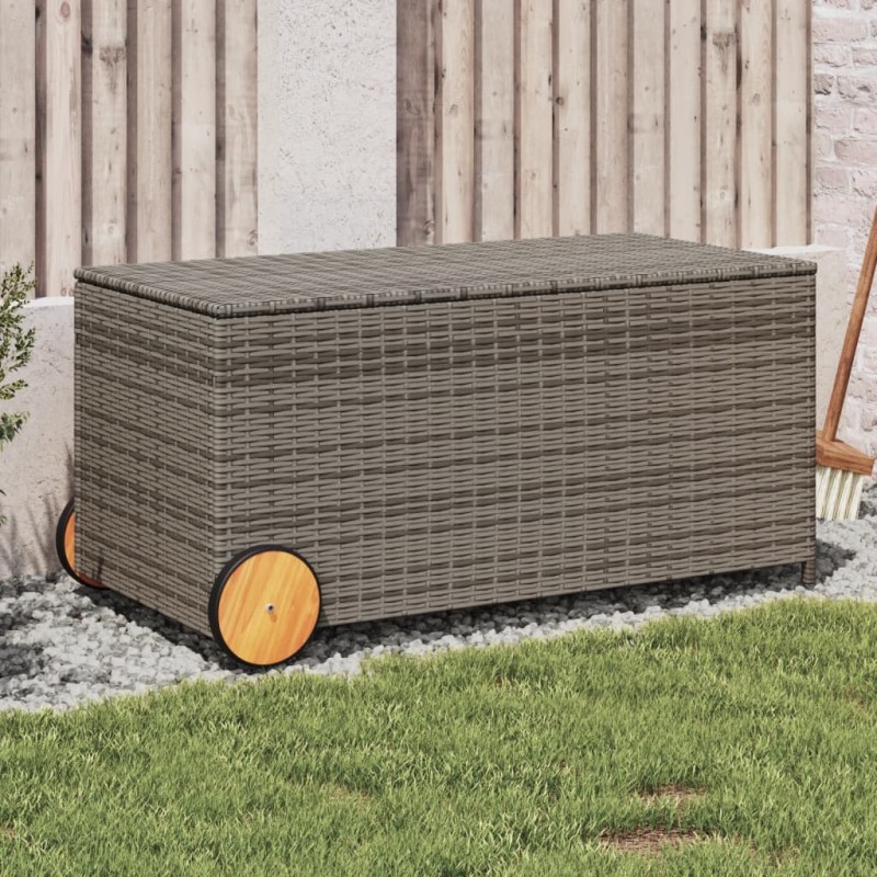 vidaXL Caja de almacenaje jardín con ruedas ratán sintético gris 190L vidaXL Caja de almacenaje jardín con ruedas ratán sintético gris 190L