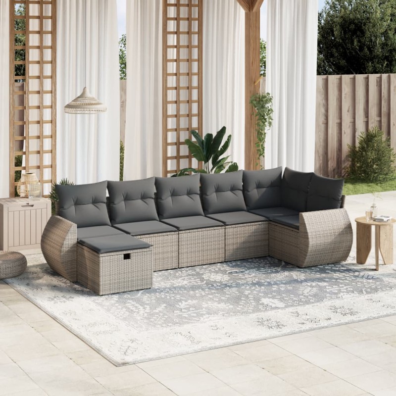 vidaXL Set de sofás de jardín 7 piezas con cojines ratán PE gris vidaXL Set de sofás de jardín 7 piezas con cojines ratán PE gris