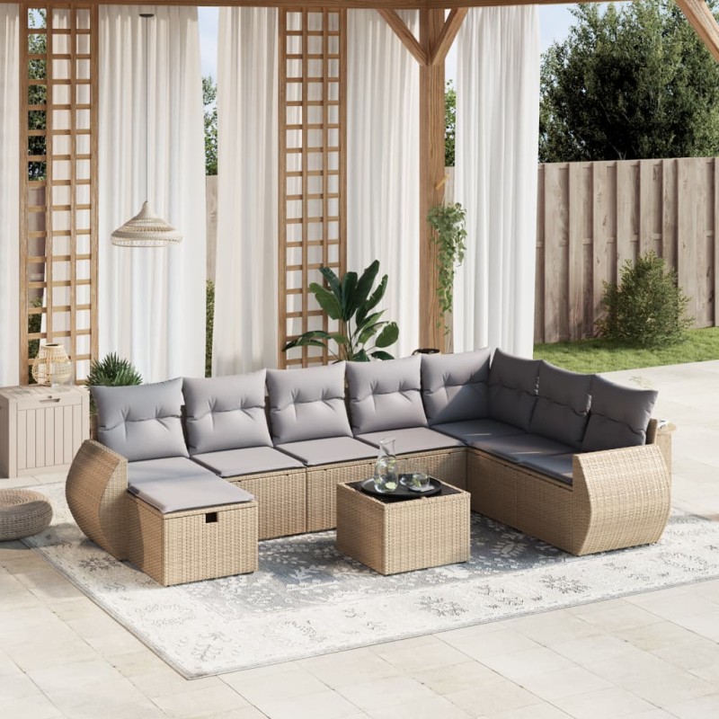 vidaXL Juego de sofás jardín con cojines beige mezcla 9 pzas ratán PE vidaXL Juego de sofás jardín con cojines beige mezcla 9 pzas ratán PE