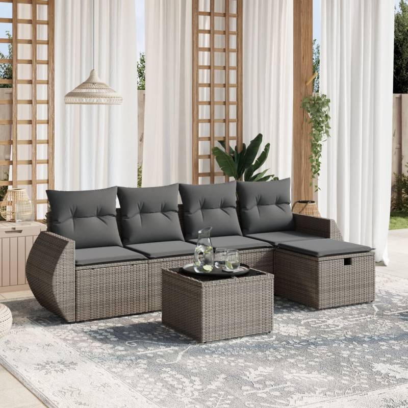 vidaXL Set de muebles de jardín 6 pzas y cojines ratán sintético gris vidaXL Set de muebles de jardín 6 pzas y cojines ratán sintético gris