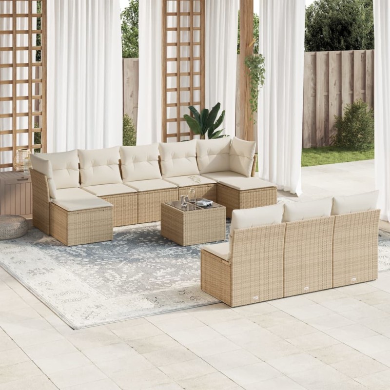 vidaXL Set de sofás de jardín 11pzas con cojines ratán sintético beige vidaXL Set de sofás de jardín 11pzas con cojines ratán sintético beige