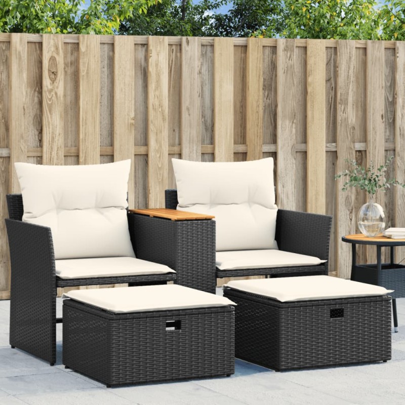 vidaXL Sofá de jardín 2 plazas con toldo y taburetes ratán PE negro vidaXL Sofá de jardín 2 plazas con toldo y taburetes ratán PE negro