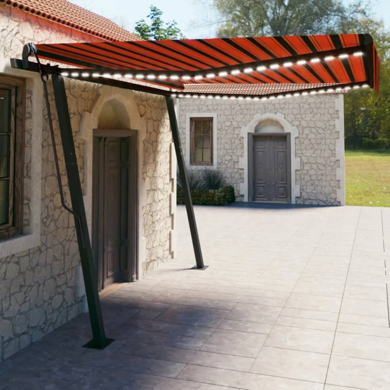vidaXL Toldo manual retráctil con LED naranja y marrón 4x3 m vidaXL Toldo manual retráctil con LED naranja y marrón 4x3 m