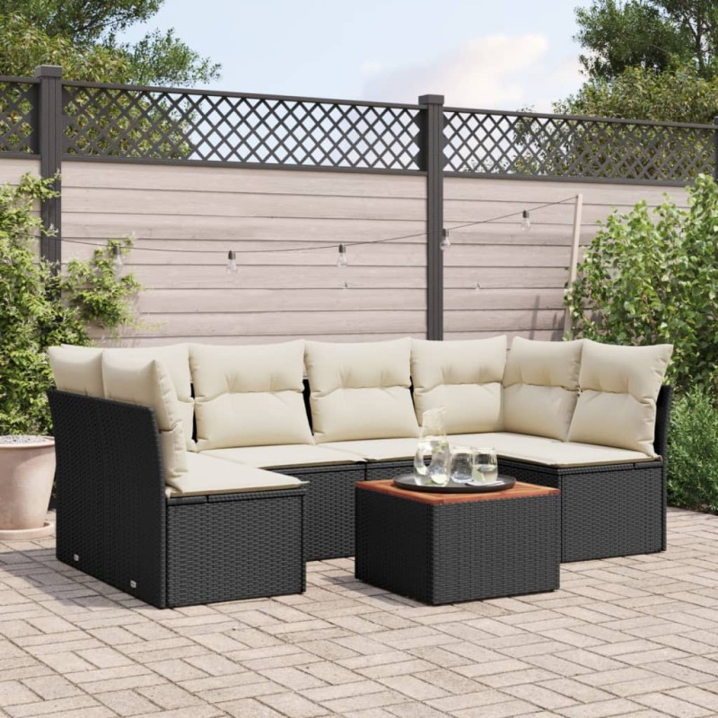 vidaXL Set de comedor de jardín 7 pzas y cojines ratán sintético negro