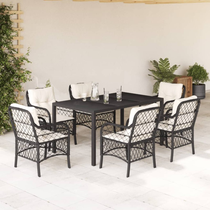 vidaXL Set de comedor de jardín 7 pzas y cojines ratán sintético negro vidaXL Set de comedor de jardín 7 pzas y cojines ratán sintético negro