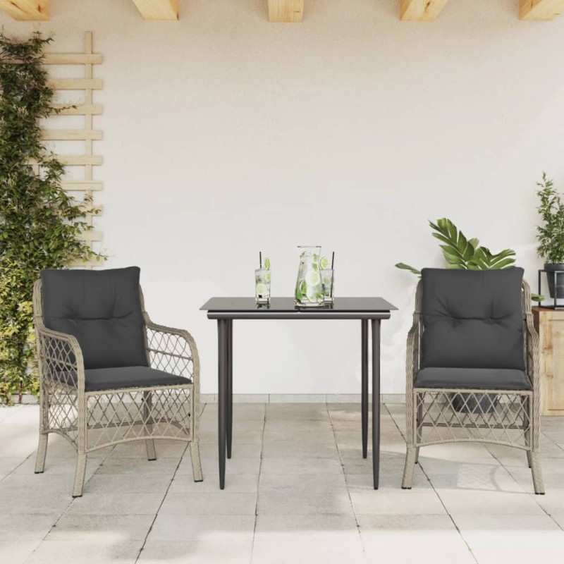 vidaXL Sillas y mesita de jardín 3 piezas ratán sintético cojín gris vidaXL Sillas y mesita de jardín 3 piezas ratán sintético cojín gris