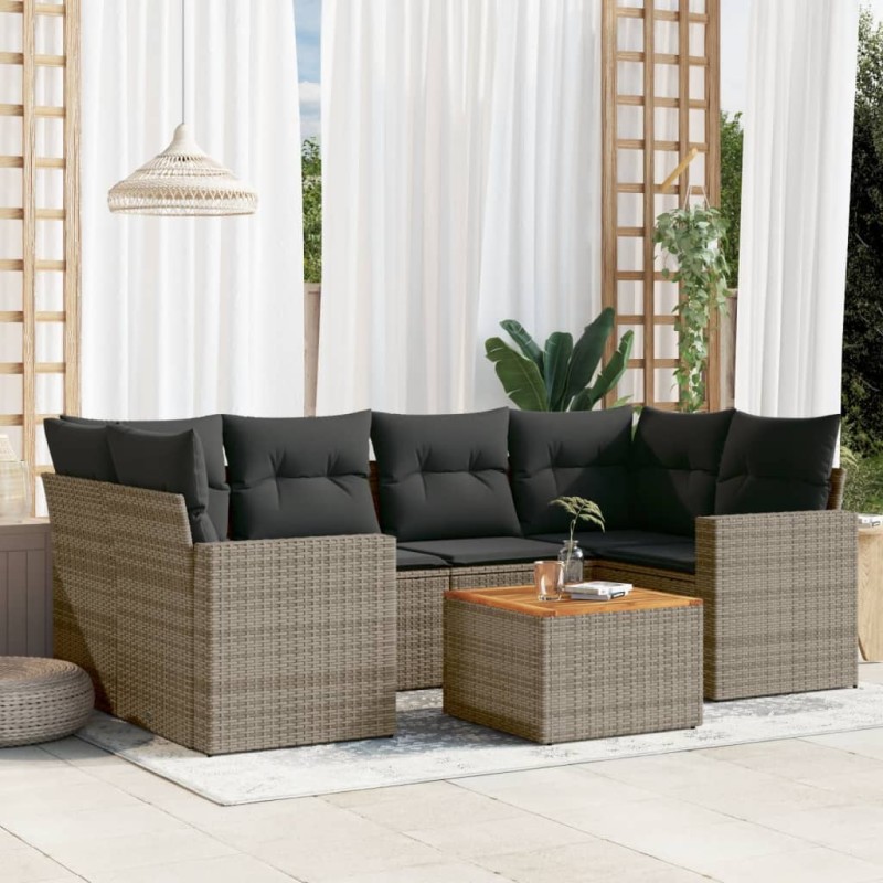 vidaXL Set de sofás de jardín 7 piezas con cojines ratán PE gris vidaXL Set de sofás de jardín 7 piezas con cojines ratán PE gris