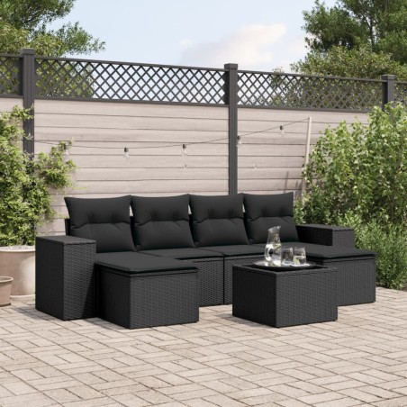 vidaXL Set de comedor de jardín 7 pzas y cojines ratán sintético negro