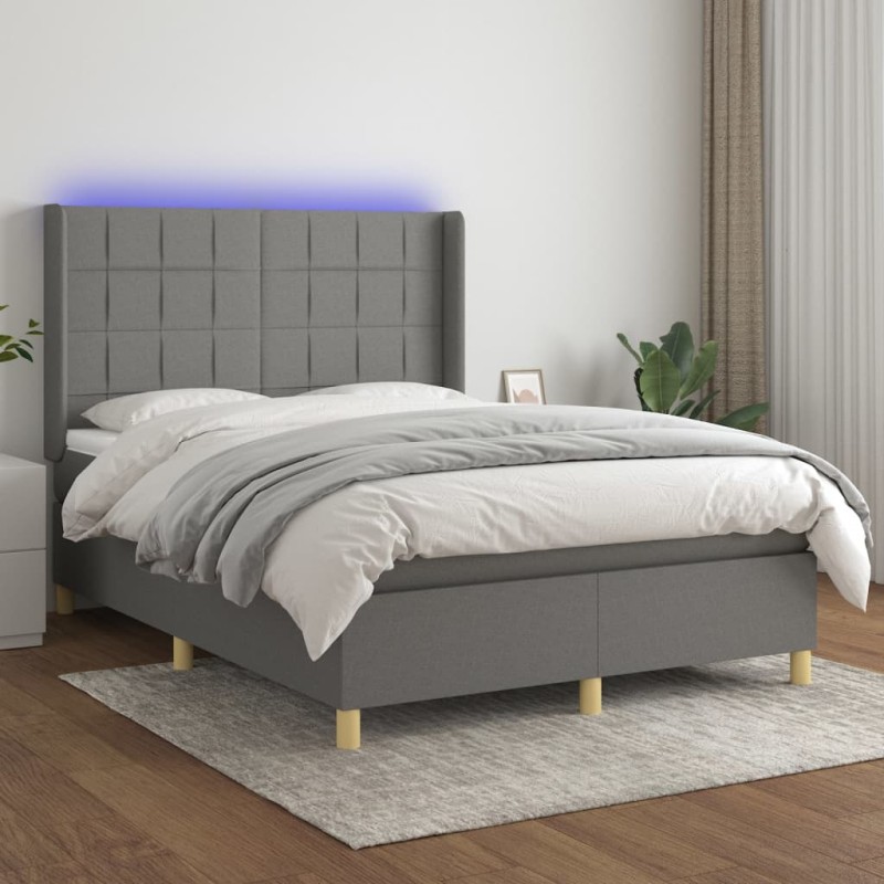 vidaXL Cama box spring colchón y luces LED tela gris oscuro 140x190 cm vidaXL Cama box spring colchón y luces LED tela gris oscuro 140x190 cm