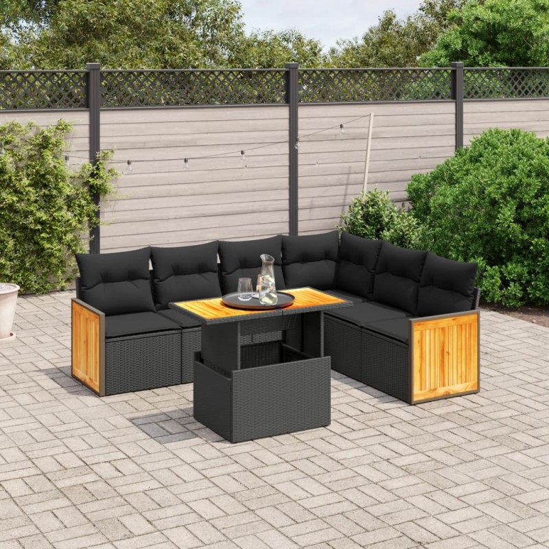 vidaXL Set de comedor de jardín 7 pzas y cojines ratán sintético negro vidaXL Set de comedor de jardín 7 pzas y cojines ratán sintético negro