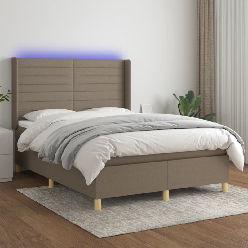 vidaXL Cama box spring colchón y luces LED tela gris taupe 140x200 cm