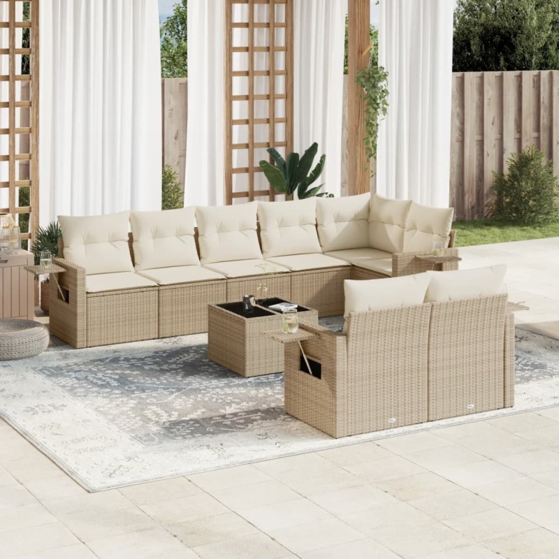 vidaXL Set de sofás de jardín 9 pzas con cojines ratán sintético beige vidaXL Set de sofás de jardín 9 pzas con cojines ratán sintético beige