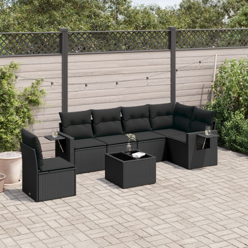 vidaXL Set de comedor de jardín 7 pzas y cojines ratán sintético negro vidaXL Set de comedor de jardín 7 pzas y cojines ratán sintético negro