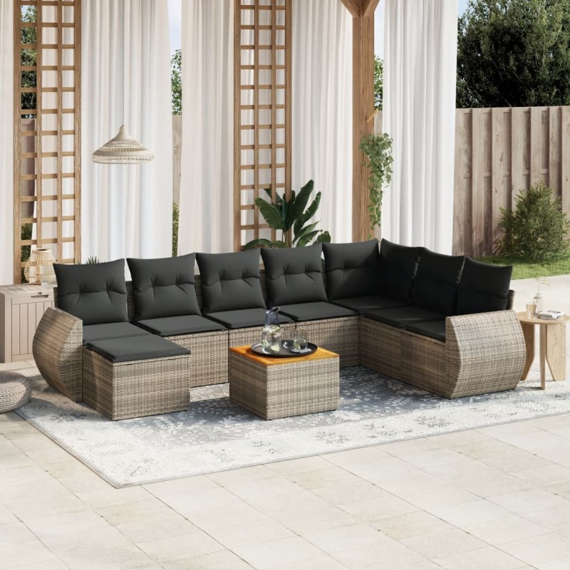 vidaXL Set de muebles de jardín 9 pzas y cojines ratán sintético gris vidaXL Set de muebles de jardín 9 pzas y cojines ratán sintético gris