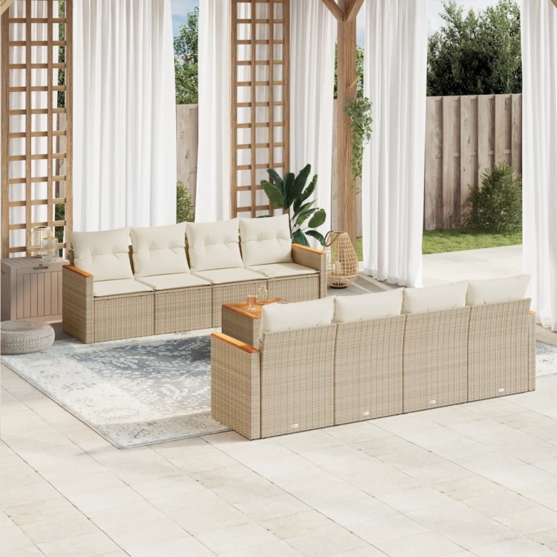 vidaXL Set de sofás de jardín 9 pzas con cojines ratán sintético beige vidaXL Set de sofás de jardín 9 pzas con cojines ratán sintético beige