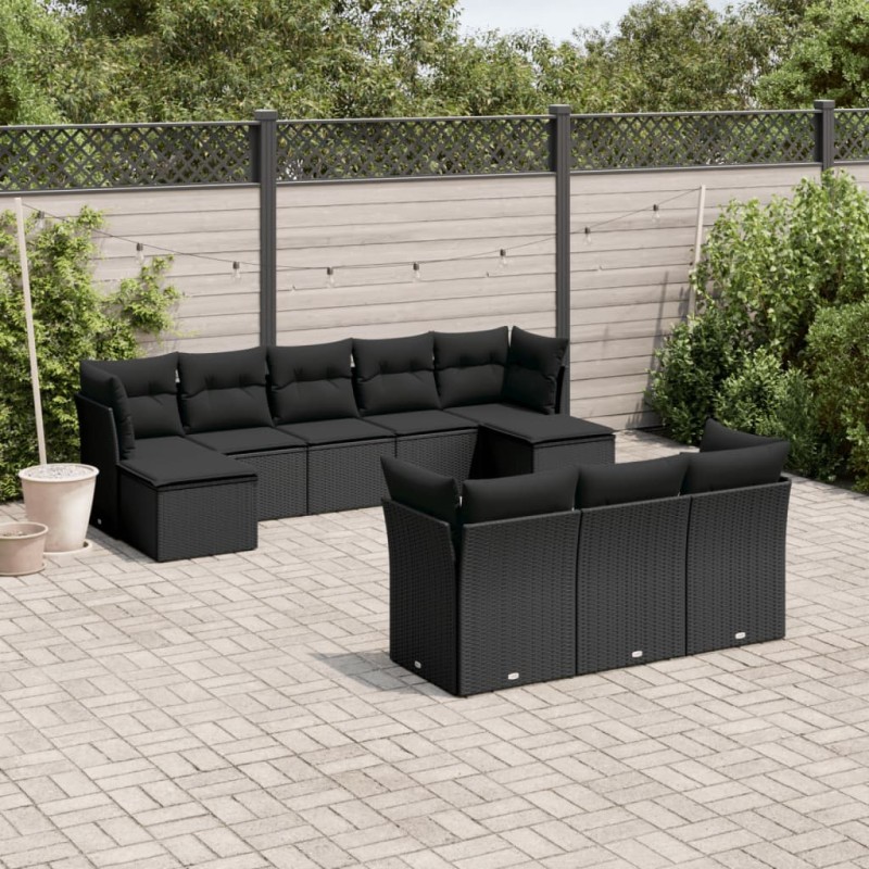 vidaXL Set de sofás de jardín 10 pzas cojines ratán sintético negro vidaXL Set de sofás de jardín 10 pzas cojines ratán sintético negro