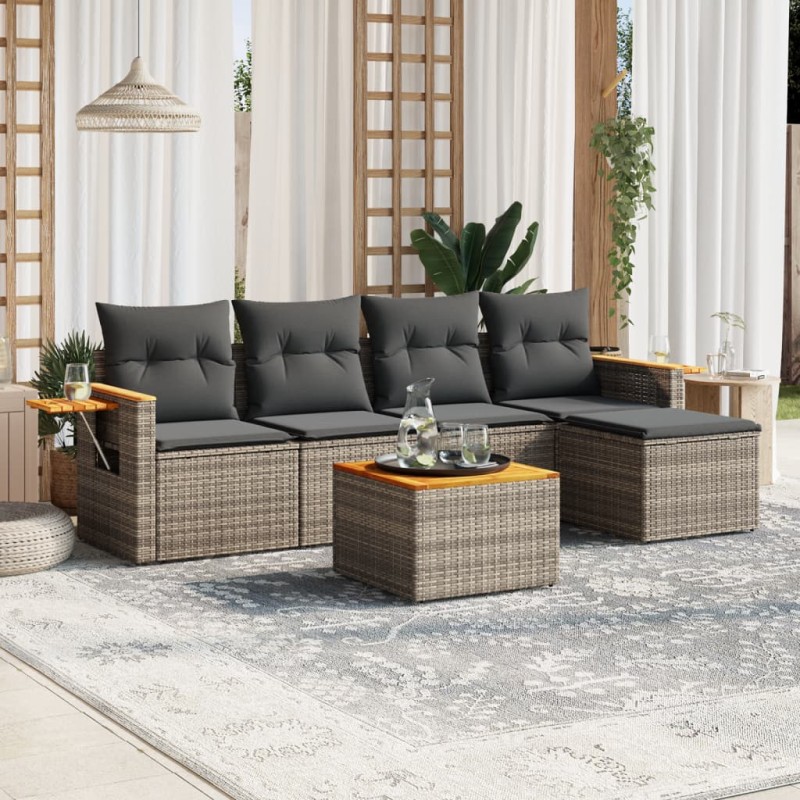 vidaXL Set de muebles de jardín 6 pzas y cojines ratán sintético gris vidaXL Set de muebles de jardín 6 pzas y cojines ratán sintético gris