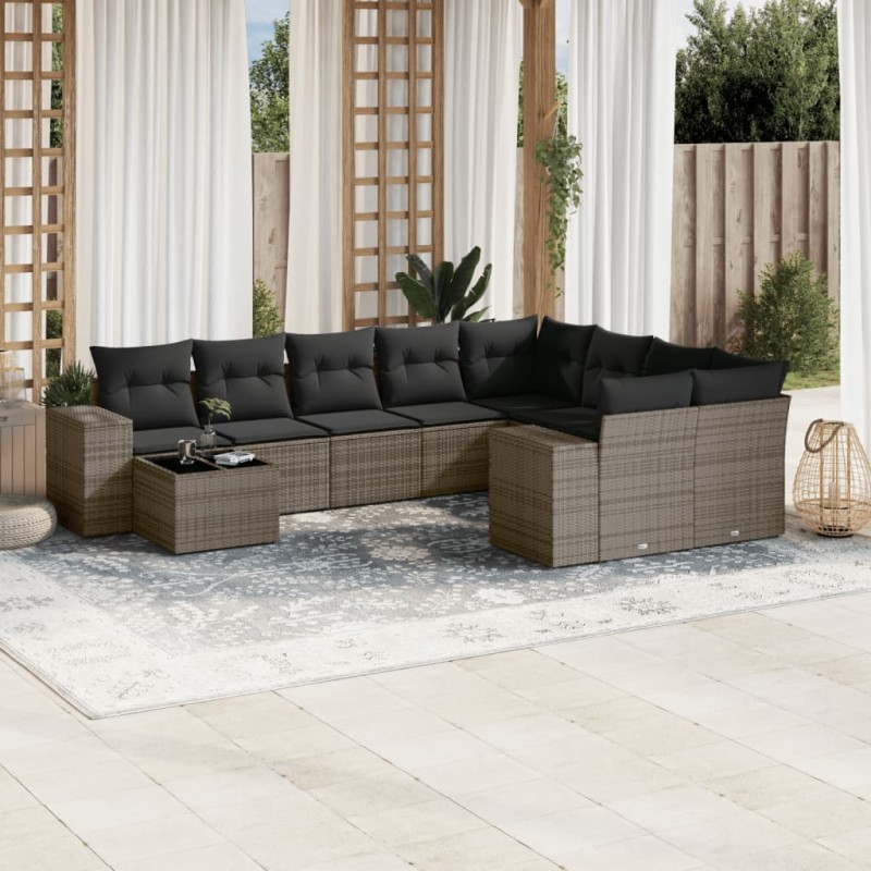 vidaXL Set de sofás de jardín 10 pzas con cojines ratán sintético gris vidaXL Set de sofás de jardín 10 pzas con cojines ratán sintético gris