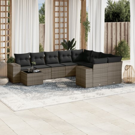 vidaXL Set de sofás de jardín 10 pzas con cojines ratán sintético gris