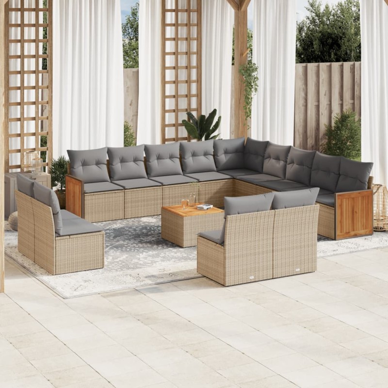 vidaXL Set sofás de jardín 14 pzas con cojines ratán sintético beige vidaXL Set sofás de jardín 14 pzas con cojines ratán sintético beige