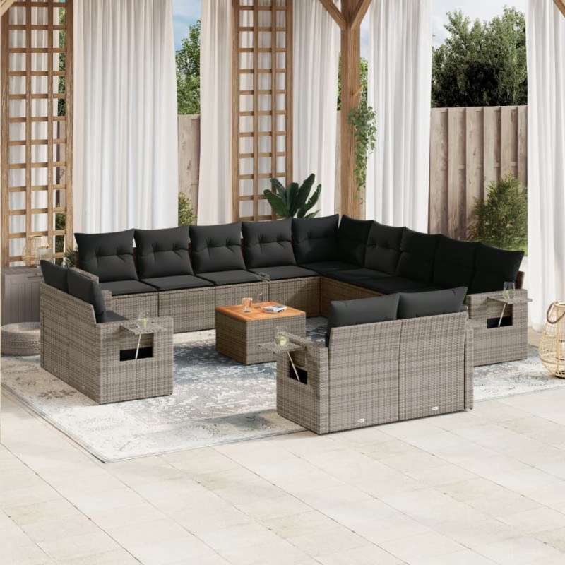 vidaXL Set de sofás de jardín 14 pzas con cojines ratán sintético gris vidaXL Set de sofás de jardín 14 pzas con cojines ratán sintético gris