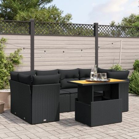 vidaXL Set de comedor de jardín 7 pzas y cojines ratán sintético negro