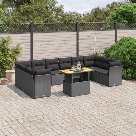 vidaXL Set de sofás de jardín 11 pzas y cojines ratán sintético negro