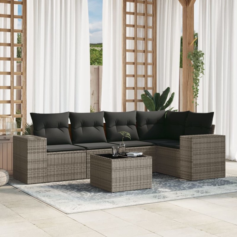 vidaXL Set de muebles de jardín 6 pzas y cojines ratán sintético gris vidaXL Set de muebles de jardín 6 pzas y cojines ratán sintético gris
