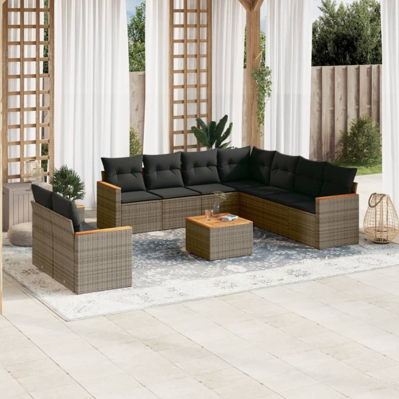 vidaXL Set de sofás de jardín 10 pzas con cojines ratán sintético gris vidaXL Set de sofás de jardín 10 pzas con cojines ratán sintético gris