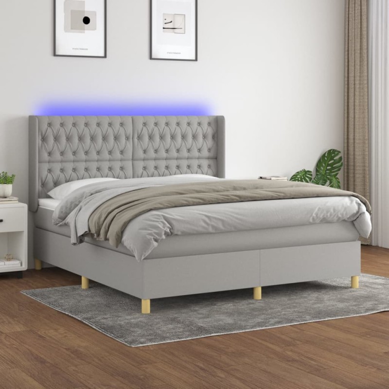 vidaXL Cama box spring colchón y luces LED tela gris claro 160x200 cm vidaXL Cama box spring colchón y luces LED tela gris claro 160x200 cm