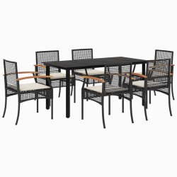 vidaXL Set de comedor de jardín 7 pzas y cojines ratán sintético negro
