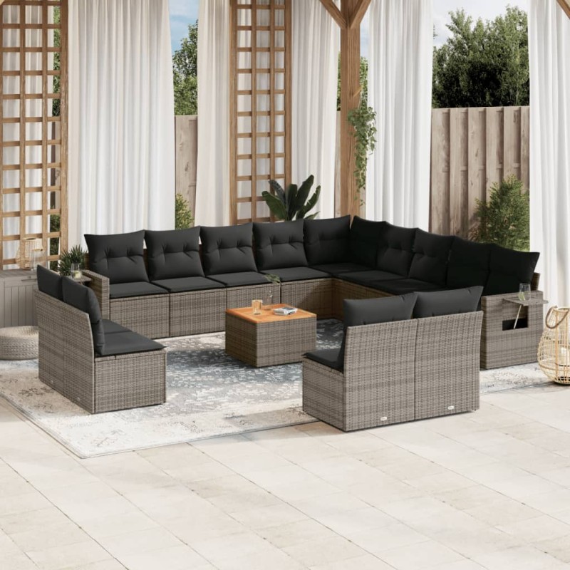 vidaXL Set de sofás de jardín 14 pzas con cojines ratán sintético gris vidaXL Set de sofás de jardín 14 pzas con cojines ratán sintético gris