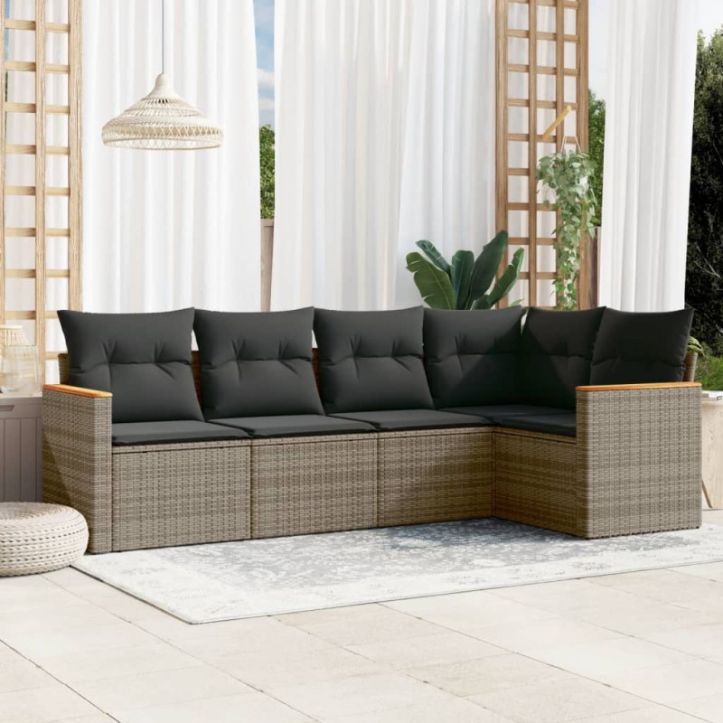 vidaXL Juego de sofás jardín con cojines 5 pzas ratán sintético gris vidaXL Juego de sofás jardín con cojines 5 pzas ratán sintético gris