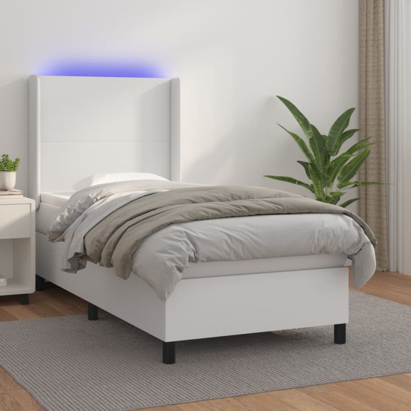 vidaXL Cama box spring y colchón LED cuero sintético blanco 90x200 cm vidaXL Cama box spring y colchón LED cuero sintético blanco 90x200 cm