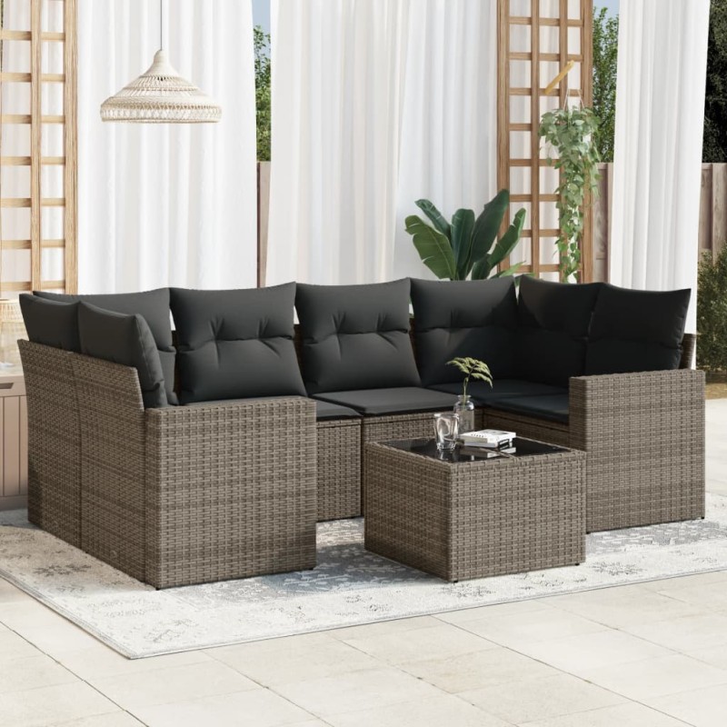 vidaXL Set de sofás de jardín 7 piezas con cojines ratán PE gris vidaXL Set de sofás de jardín 7 piezas con cojines ratán PE gris