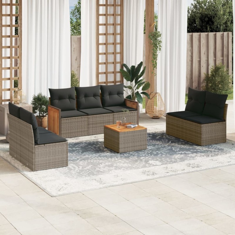 vidaXL Set de sofás de jardín 8 pzas y cojines ratán sintético gris vidaXL Set de sofás de jardín 8 pzas y cojines ratán sintético gris